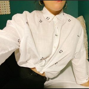 White Music Note Button-up Blouse
